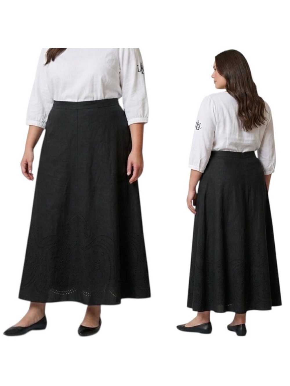 Lauren Ralph Lauren Black Eyelet Embroidered Linen Midi Skirt Size 20W
